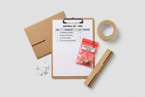 Material List - BOM document on clipboard, with a Red Bag of Spare Parts (5%) containing plastic joining clips, corrugated board, and industrial adhesive tape.