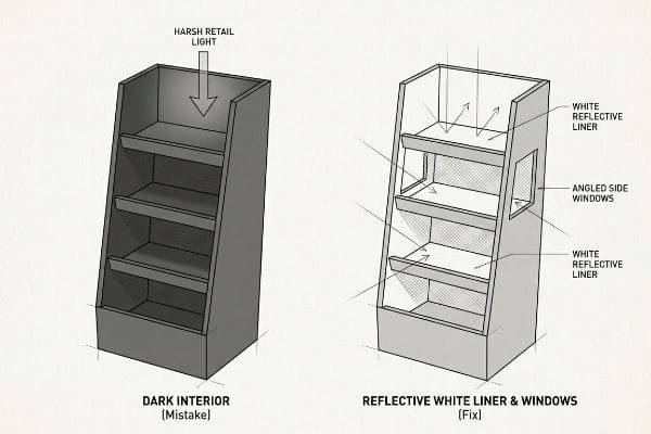 Two retail floor stands: dark interior (mistake) with Harsh Retail Light, and a fix with Reflective White Liner and Angled Side Windows.