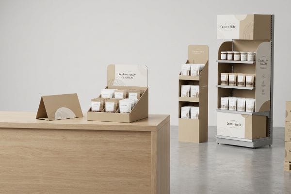 Kraft cardboard retail displays: a Register-Ready Counter Tray, corrugated floor stand, and a Customizable End-Cap with Brand Made products.