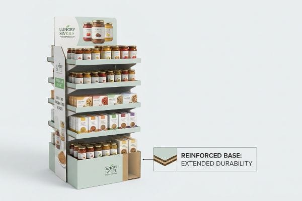 Corrugated display for Lungry Swiole, showing jars and boxes, with a reinforced base for extended durability.