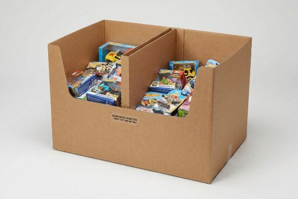 Brown corrugated cardboard dump bin with an H-divider, filled with Hot Wheels and other small toys, featuring a 'Reinforced Dump Bin Heavy Duty Retail' label.