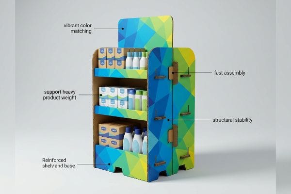 Corrugated cardboard FSDU featuring vibrant color matching, fast assembly, structural stability, and Reinforced Shelv and Base supporting heavy product weight.