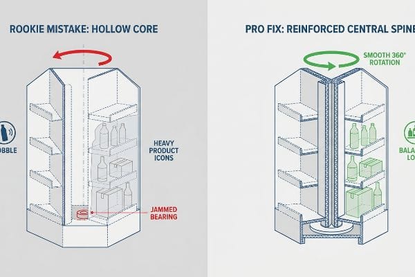 Núcleo oco 'Erro de Novato' vs. 'Solução Profissional: Coluna Central Reforçada' para rotação suave de 360 ​​graus e carga equilibrada.