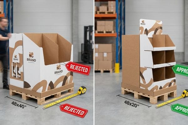 Oversized 48x40 inch corrugated pallet display, branded 'Brand', marked 'Rejected' by a measuring tape.