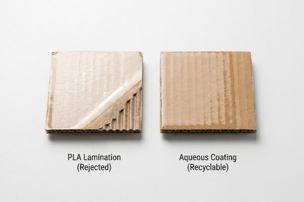 Peeling Polylactic Acid (PLA) lamination on corrugated cardboard, labeled Rejected, contrasted with a smooth, recyclable aqueous coating.