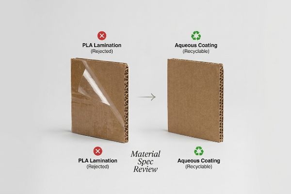 Corrugated board comparison: a piece with rejected PLA Lamination peeling off and another with recyclable Aqueous Coating, guided by 'Material Spec Review'.