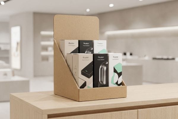 Brown cardboard countertop display with Restor product design boxes: white, black, mint green, silver product.