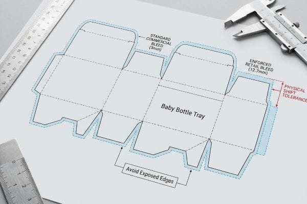 Baby Bottle Tray dieline illustrates Standard Commercial Bleed (3mm) and Enforced Retail Bleed (12.7mm) with Physical Shift Tolerance, preventing exposed edges.