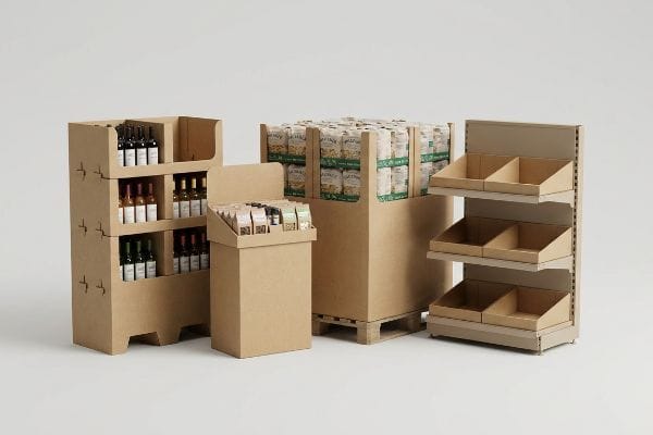 Kraft cardboard retail displays showcase various merchandising solutions, including a wine floor unit, countertop display, pallet display, and empty shelf trays.