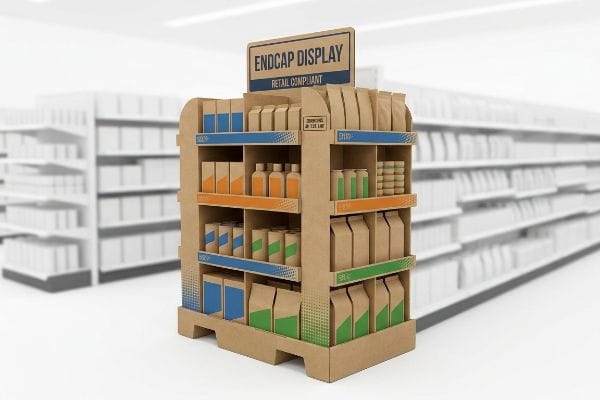 A retail-compliant corrugated cardboard endcap display, featuring