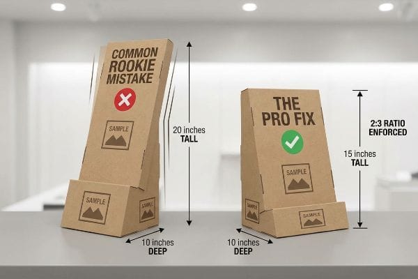 Two cardboard retail display units, one 20-inch 'Common Rookie Mistake' and one 15-inch 'The Pro Fix' enforcing a 2:3 ratio, both 10 inches deep.