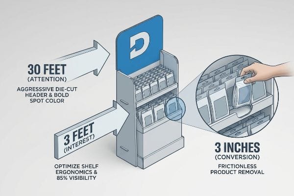 Retail display illustrating 3-3-3 engagement rule: 30 Feet Attention, 3 Feet Interest, 3 Inches Conversion for product removal.