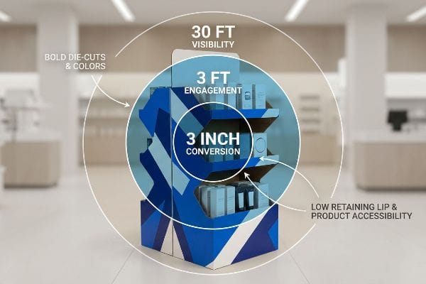 A retail display stand with bold die-cuts and blue-white colors, illustrating 30 Ft Visibility, 3 Ft Engagement, and 3 Inch Conversion zones, highlighting low retaining lip for product accessibility.