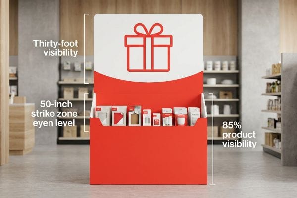 Red retail display with gift icon, showing Thirty-Foot Visibility, 50-Inch Strike Zone Eye Level, 85% Product Visibility.