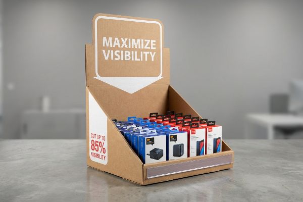 Corrugated cardboard retail display features a 