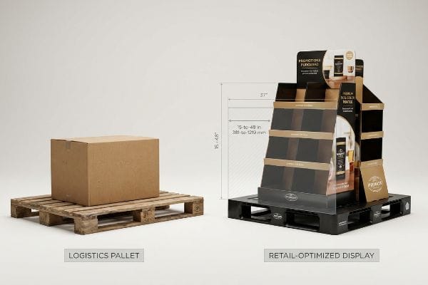 A brown box on a logistics pallet contrasts with a black and gold retail-optimized display, highlighting 15-to-48 inch (381-to-1219 mm) ADA-compliant dimensions for Popdisplay promotional purchases.