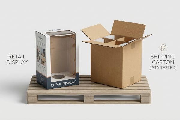 Deux solutions d'emballage distinctes, une boîte de présentation blanche pour la vente au détail et un carton d'expédition brun ouvert, testé Ista, sont présentées sur une palette en bois clair.