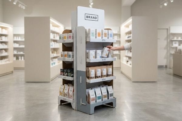 Expositor de papelão branco e cinza com o logotipo da marca, contendo produtos de varejo, com uma mão estendida em direção a uma caixa.