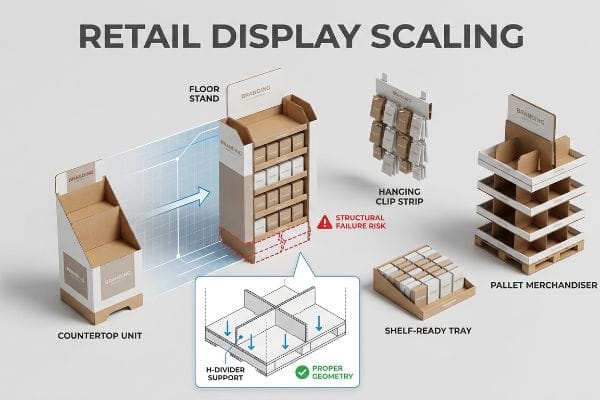 Retail Display Scaling visual comparing countertop to floor stand, showing H-Divider Support for proper geometry to prevent Structural Failure Risk.