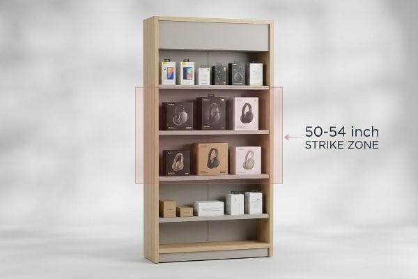 Un présentoir en bois clair met en valeur les casques et écouteurs en boîte, en soulignant la zone de frappe de 50 à 54 pouces pour un placement optimal des produits.