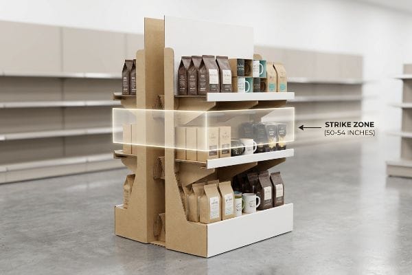 Cardboard retail display with coffee bags and mugs, highlighting the Strike Zone (50-54 Inches) for optimal product visibility.