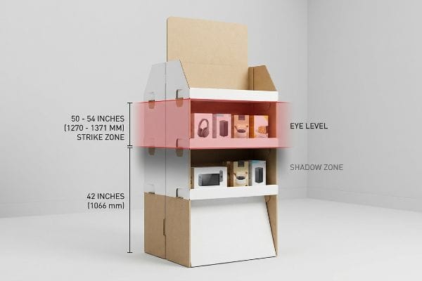 Corrugated cardboard retail display highlighting the Eye Level Strike Zone at 50-54 inches (1270-1371 mm) and the lower Shadow Zone at 42 inches (1066 mm).