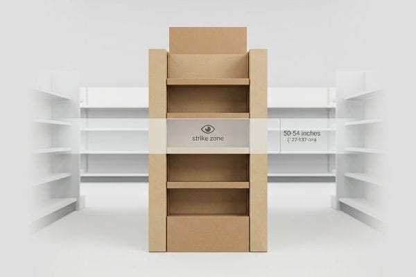 Brown cardboard end cap display highlighting the 50-54 inch (127-137 cm) 'Strike Zone' for optimal retail merchandising placement.