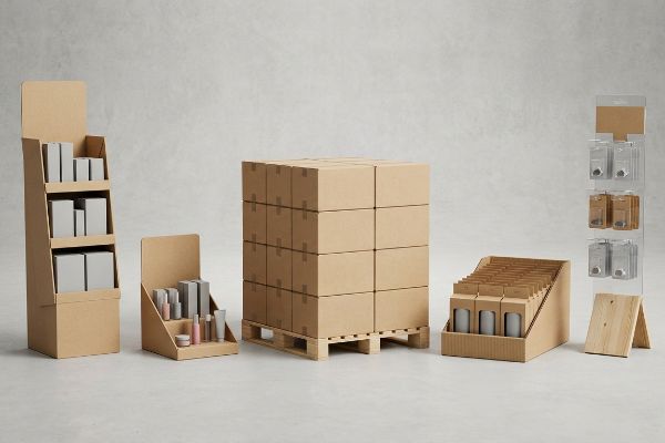 Kraft cardboard retail displays including a tall floor unit, small countertop merchandiser, stacked boxes on a pallet, and a shelf-ready tray with products, alongside a clear acrylic clip strip display.