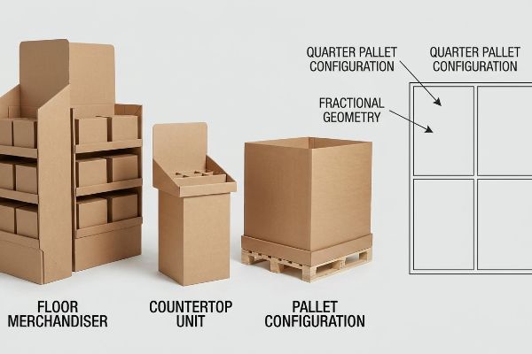 Expositores de suelo, unidades de mostrador y configuraciones de palés de cartón corrugado, con un diagrama de la configuración de un cuarto de palé y geometría fraccionaria.