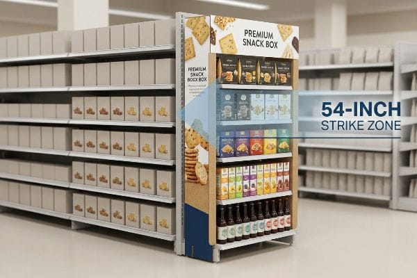 Corrugated cardboard retail endcap features a vibrant graphic header positioned at the fifty-four inch strike zone for optimal shopper visibility.