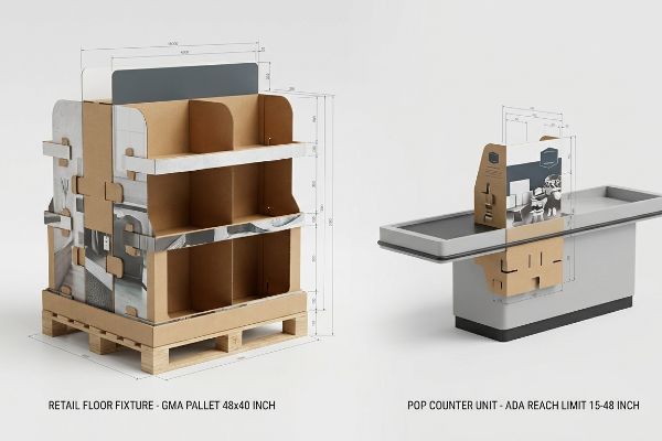 Brown cardboard retail floor fixture on a GMA Pallet 48x40 inch, with shelves and technical dimensions.