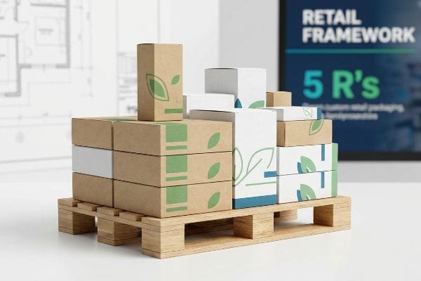 Brown kraft and white boxes with green leaf designs on a wooden fractional pallet, displaying
