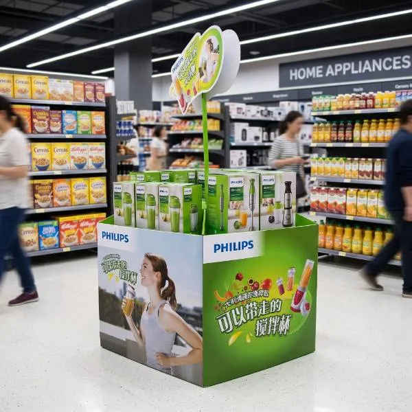 rendu d'un présentoir à palettes pour allée de supermarché