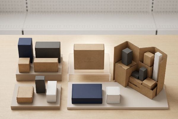 Visual merchandising display of various retail packaging boxes: kraft, dark blue, dark grey, white, and S Studio branded box.