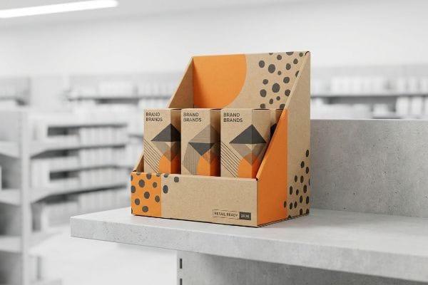 在商店货架上,一个牛皮纸瓦楞纸板展示架上摆放着三个商品,展示架上印有橙色和黑色斑点图案。