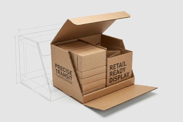 An open corrugated cardboard box, labeled