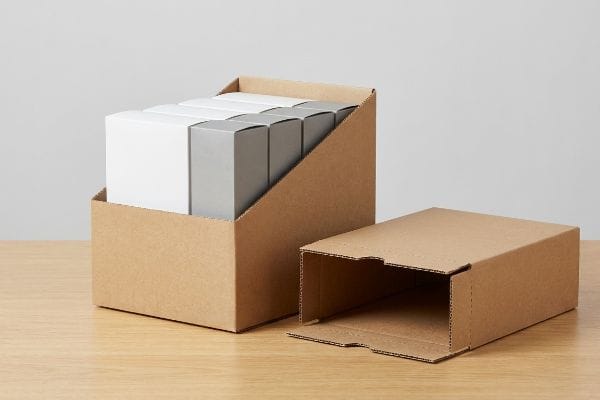 Retail-ready corrugated display box with white and grey product boxes, alongside an empty flat-packed shipping box.