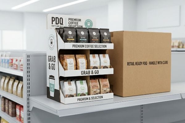 A retail shelf features a white PDQ corrugated display unit with Premium Coffee Selection and Grab & Go coffee bags, next to a Retail Ready PDQ shipping box.