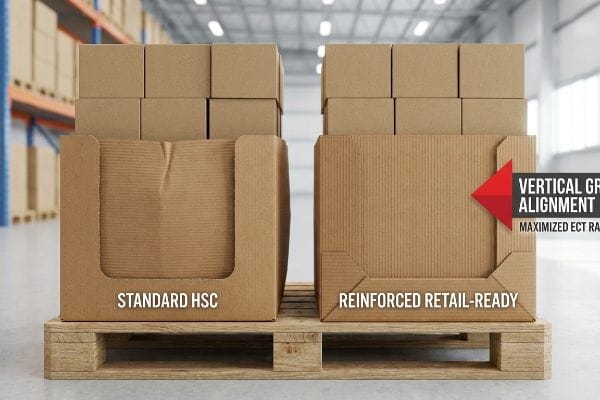 Corrugated packaging comparison on a pallet: a Standard Hsc box shows slight deformation, contrasting with a Reinforced Retail-Ready box featuring Vertical Grain Alignment for Maximized Ect Rating.