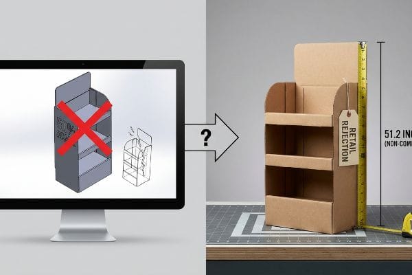 A physical cardboard countertop display, measured at 51.2 inches (Non-Compliant) with a 'Retail Rejection' tag, contrasts a rejected CAD design on a monitor.