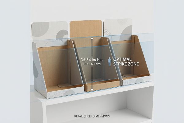 Tres expositores de cartón vacíos sobre un estante blanco, que ilustran la zona de impacto óptima de 36-54 pulgadas (914-1371 mm) para las dimensiones de los estantes de venta al por menor.