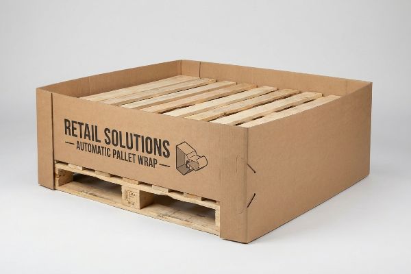 Faldón de cartón corrugado marrón de flauta B, con la marca 'Retail Solutions - Automatic Pallet Wrap', colocado sobre un palé logístico de madera.