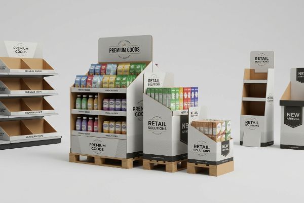 Corrugated cardboard retail displays feature a large Premium Goods pallet display, tiered Retail Solutions units, and empty modular shelf trays.