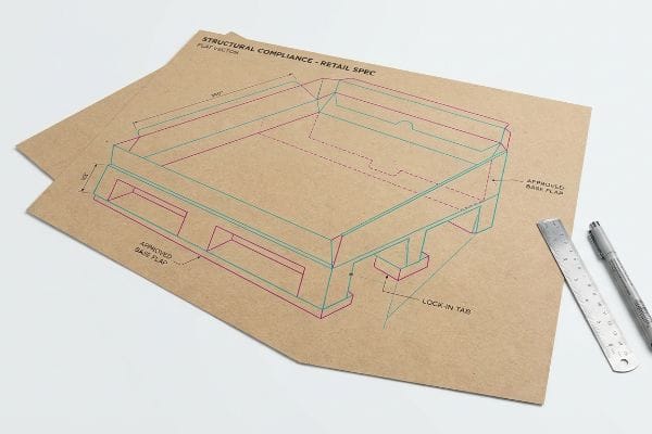 Brown kraft paper displays a technical drawing for a retail display base, detailing Structural Compliance - Retail Spec with Approved Base Flap and Lock-In Tab features.