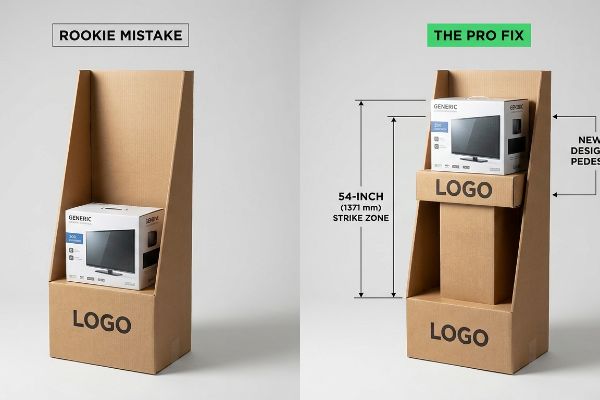 Corrugated cardboard floor displays comparing a Rookie Mistake with The Pro Fix, showing a Generic TV box placed low versus elevated into the 54-Inch Strike Zone by a New Design Pedestal.