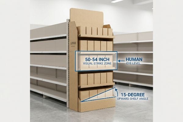 Cardboard retail display showing 50-54 Inch Visual Strike Zone at Human Eye Level and a 15-Degree Upward Shelf Angle for product visibility.