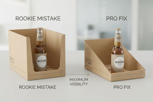 تقارن صواني العرض المموجة بين حافة عالية من نوع "Rookie Mistake" وحافة مائلة من نوع "Pro Fix" لتحقيق رؤية بنسبة 85% لزجاجات المشروبات.