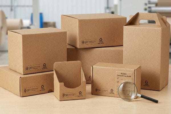 SFI certified, 100% recyclable corrugated packaging for retail compliance audit, with magnifying glass.
