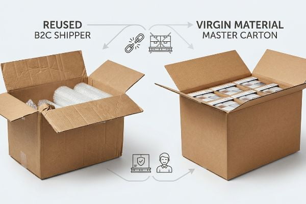 Reused B2C Shipper with bubble wrap next to a Virgin Material Master Carton filled with retail trays.