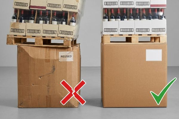 Corrugated boxes, one 'Reused' with red X, the other new with green checkmark, topped by pallets of wine cases.